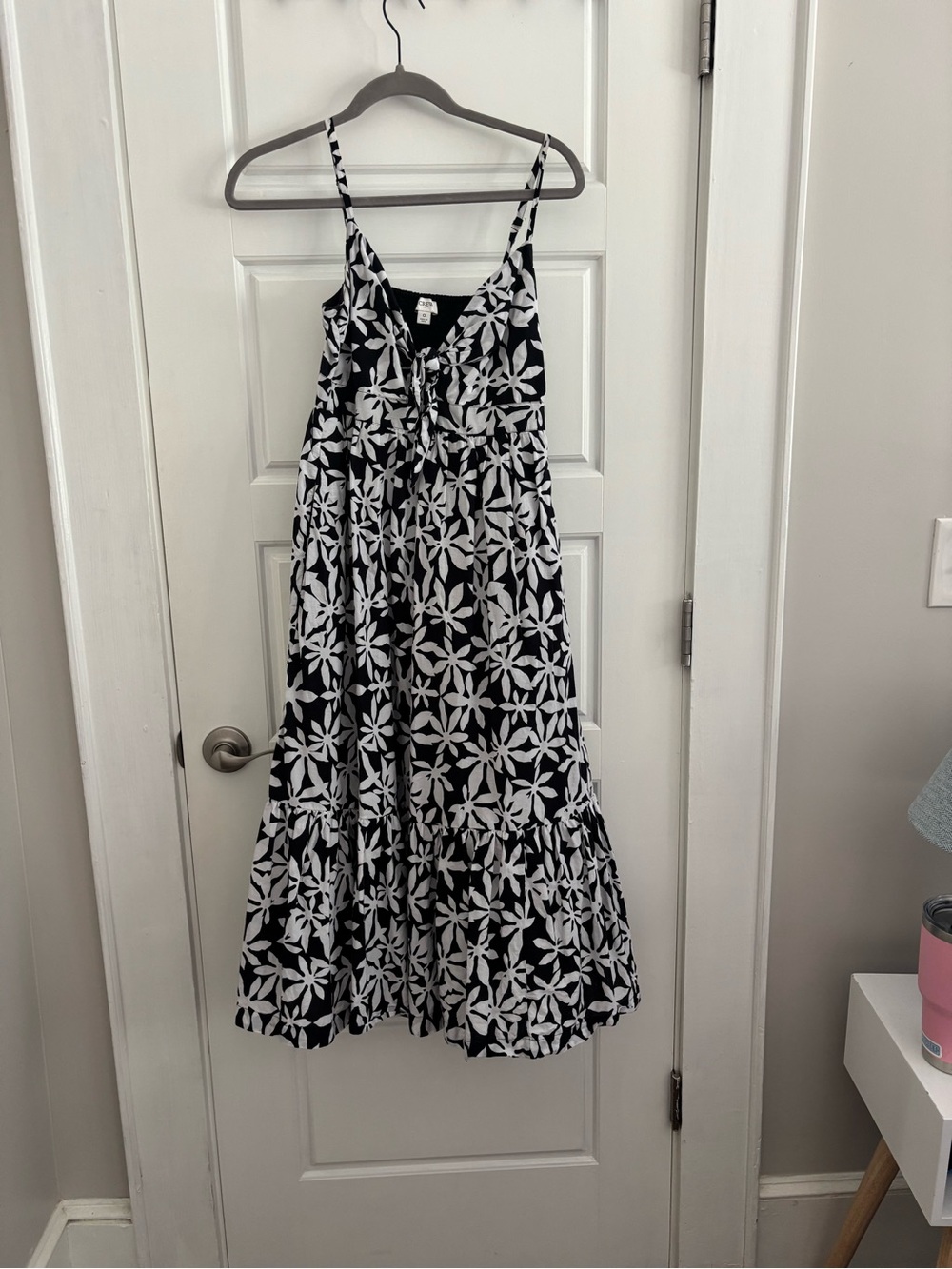J. Crew Black and White Floral Tie-Front Midi Dress